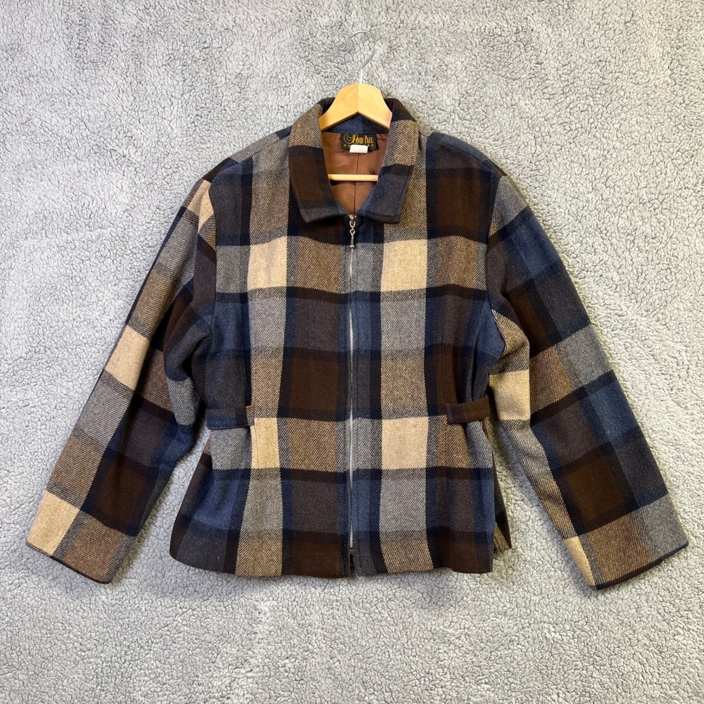 VTG David Paul New York Jacket Women L Brown Blue Plaid Wool Blend Zip Up Blazer